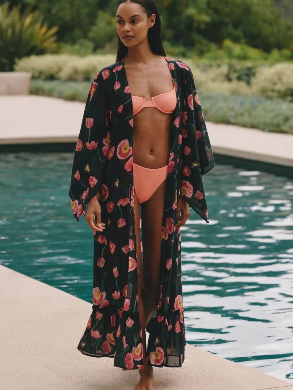 Anthropologie Sensi Studio Kaftan Kimono Maxi Cover Up Poppy Print Relaxed Fit